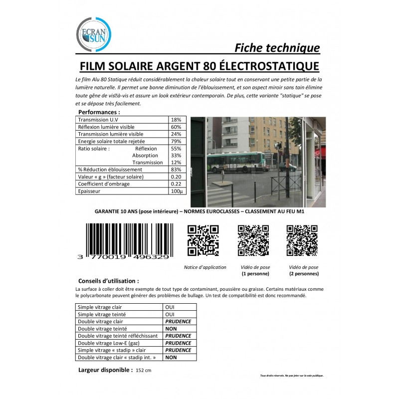 Film Electrostatique Protection Solaire Argent 70 % - Semi-Miroir Sans Tain